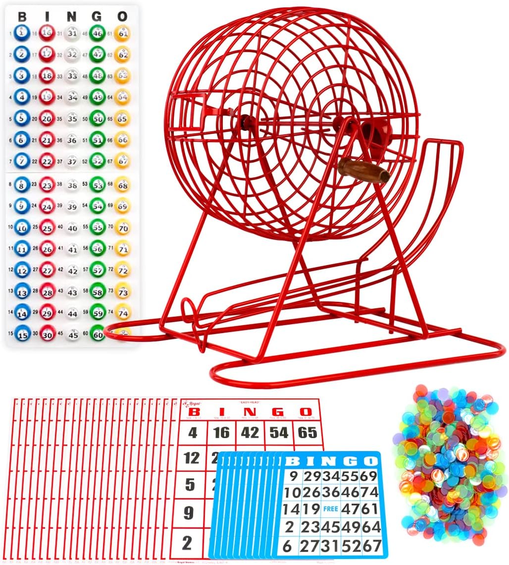 Regal Games Deluxe Bingo Game Set with Cage, Board, Balls - Professional Red 18 Card