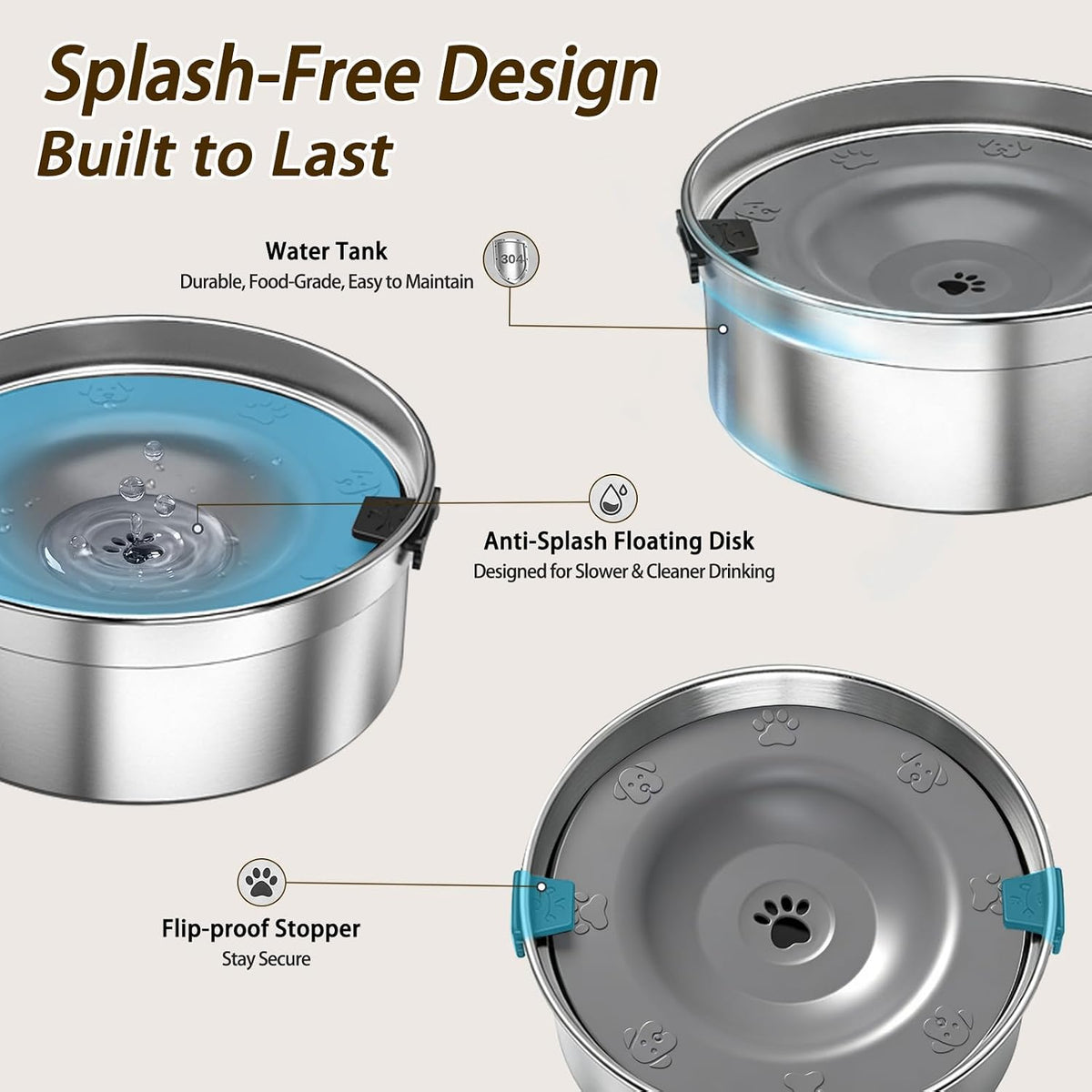Dog Water Bowl No Spill, 1.5L/50oz Stainless Steel Slow Water Bowl for Dogs, Spill Proof Dog Bowl - Silver - image 3