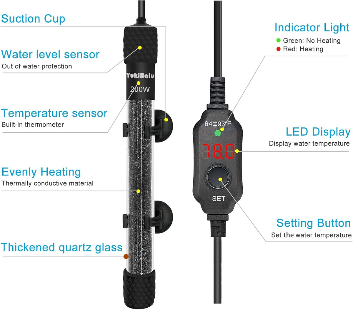 YukiHalu Small Submersible Aquarium Heater - 200 Watts - image 3