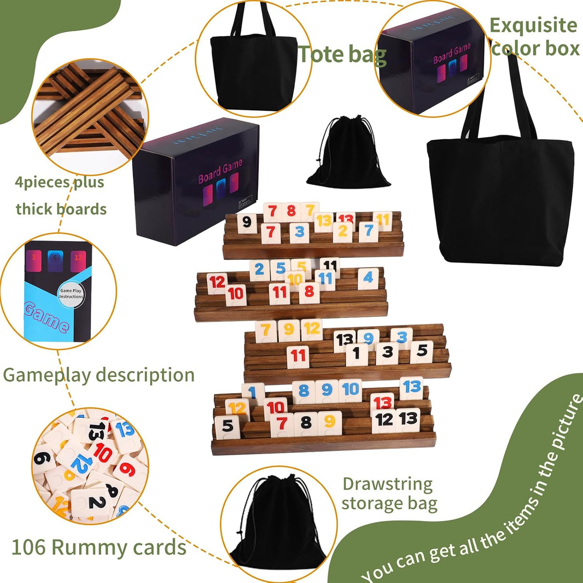 Wahartoly rummy cube tile game with 160 tiles and 6 wooden pine racks - view 10