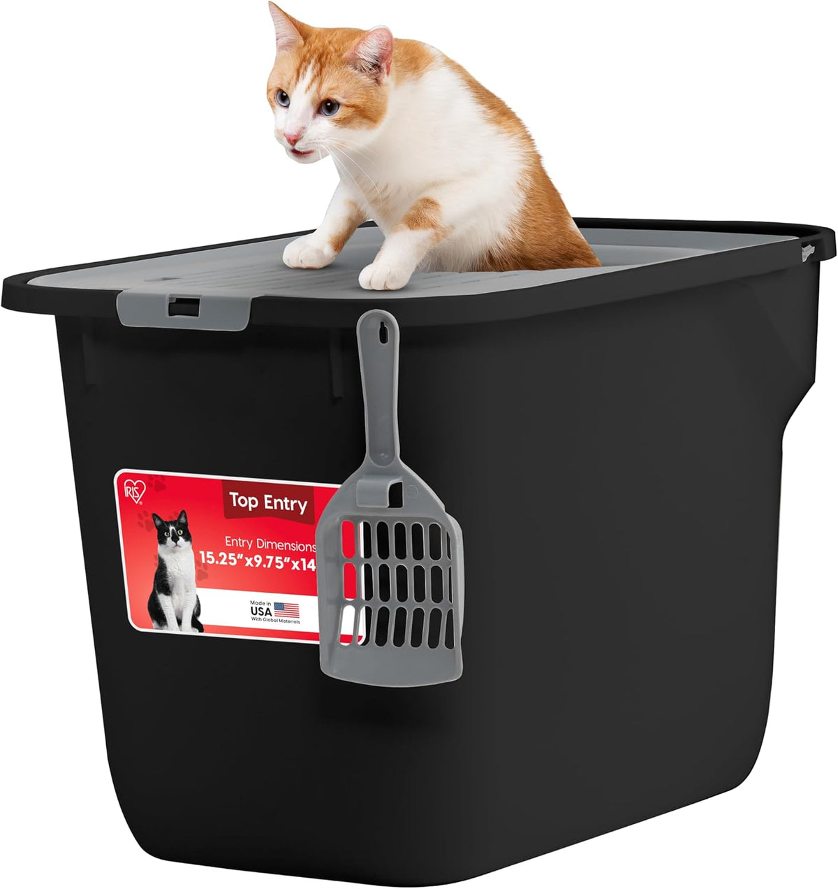 IRIS USA High Sided Cat Litter Box, Scatter Shield - Top Entry / Black