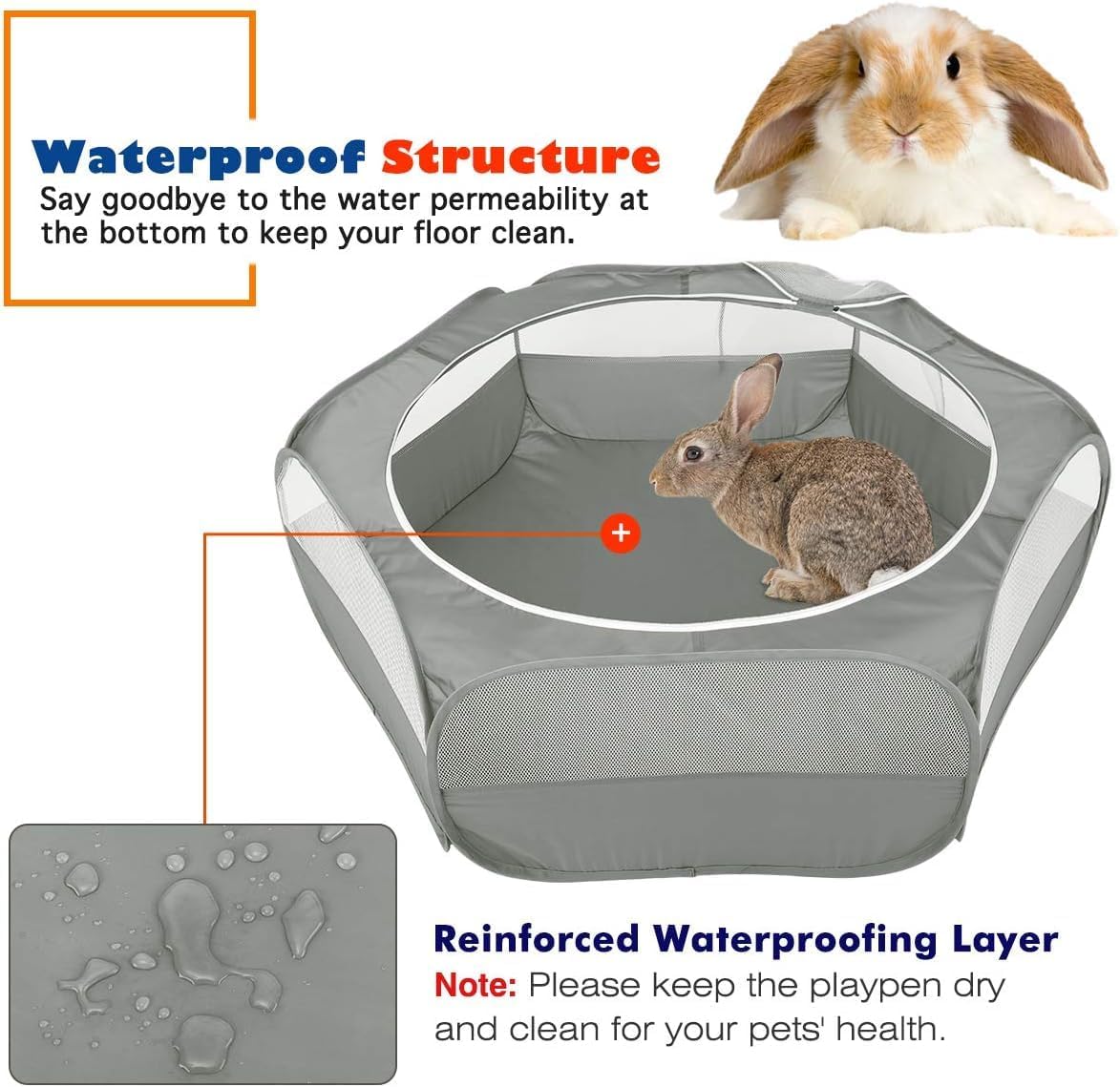 Small Animals Playpen, Waterproof Pet Tent with Zippered Top - Gray - image 4