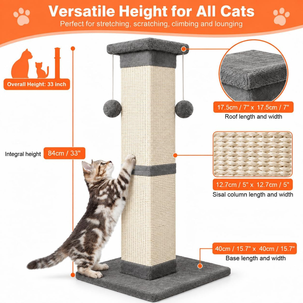 SOCATER Cat Scratching Post 33 Inch, Beige – Essentials for Cats - Grey - image 2