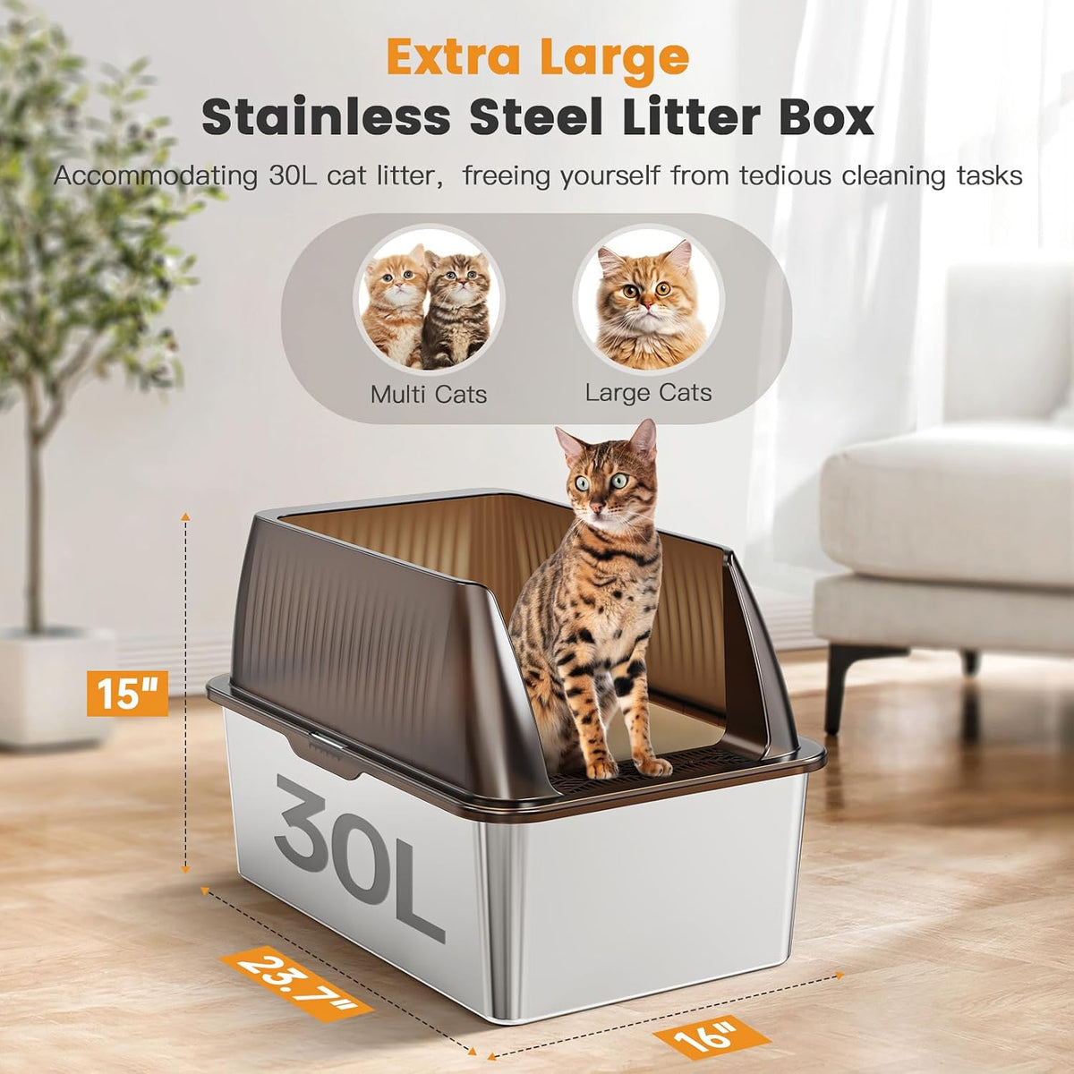 Tripamin 15”Stainless Steel Cat Litter Box Enclosure - Translucent brown / XX-Large - image 2