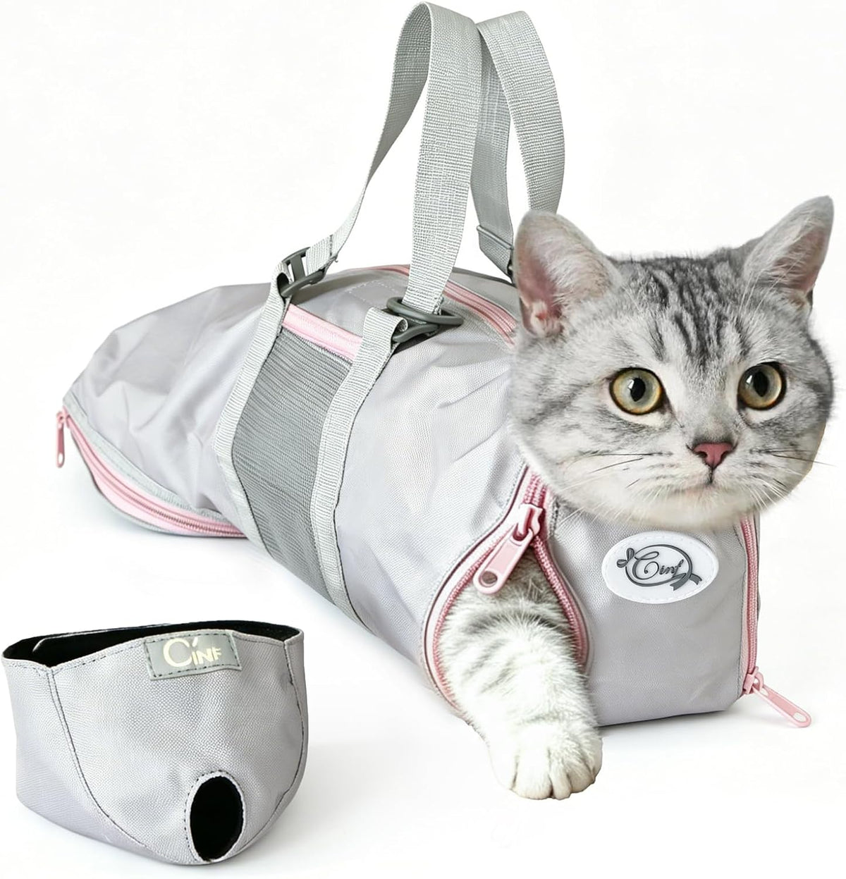 Cinf Cat Restraint Grooming Bag - M Size–Fits most adult cats (8–12 lbs) / Blush Ash