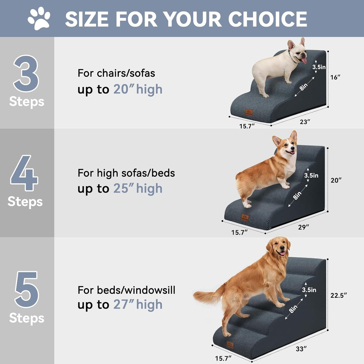 Zerbuger Dog Ramp and Stairs for Bed, Coffee 3 Steps 16" H - Dark Grey / 5 - image 2