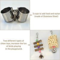 Natural Wood Bird Toys Playground, Bird Cage Accessories, Bird Perches, with Removable Tray and 2 Stainless Steel Cups
