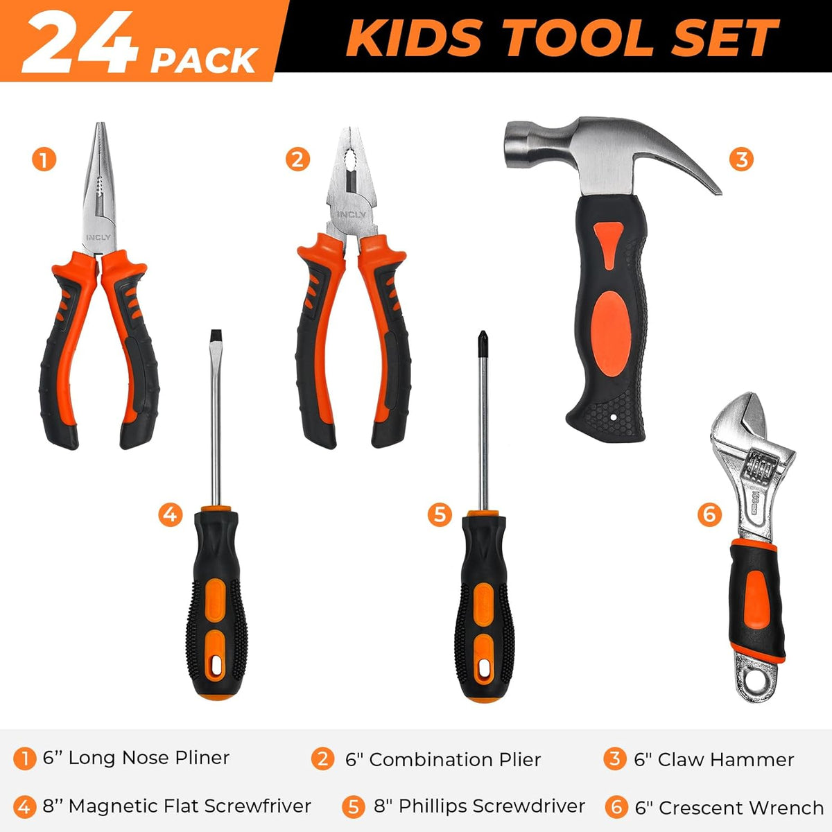 INCLY 24 PCS Kids Real Tool Set with Tool Bag - Orange - image 2