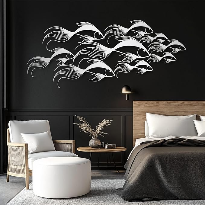 School of Fish Metal Wall Art, Metal Fish Wall Decor, Sea Life Wall Art, Large Nautical Wall Hanging, Modern Beach House Wall Decor, Ocean Themed Artwork for Bathroom (White, 30"x12" | 76x32cm)