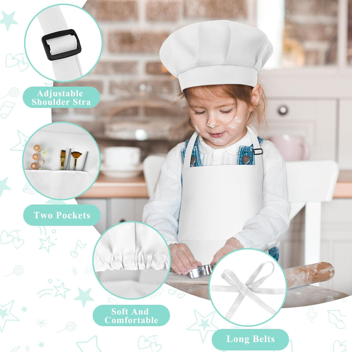 Kids Apron and Chef Hat Set Adjustable Child Art Aprons with 2 - A-white / Large - image 3
