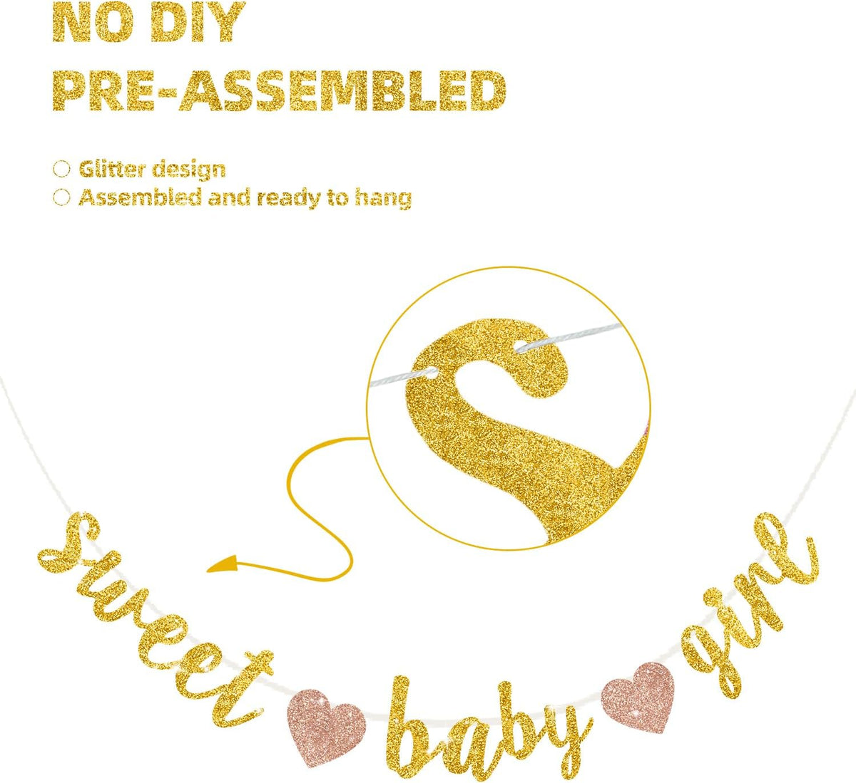BEISHIDA Pre-Strung Glitter Champagne Girl Baby Banner Baby Shower - gold - image 3