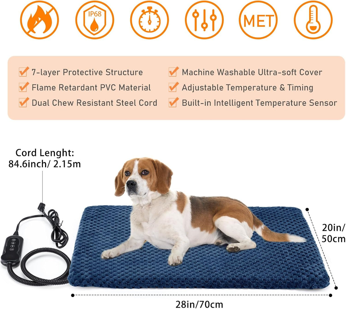 Heated Dog Bed, Waterproof Adjustable Temperature Dog Cat Heating Pad with Timer, Indoor Pet - M: 28" x 20" / Navy Blue - image 3