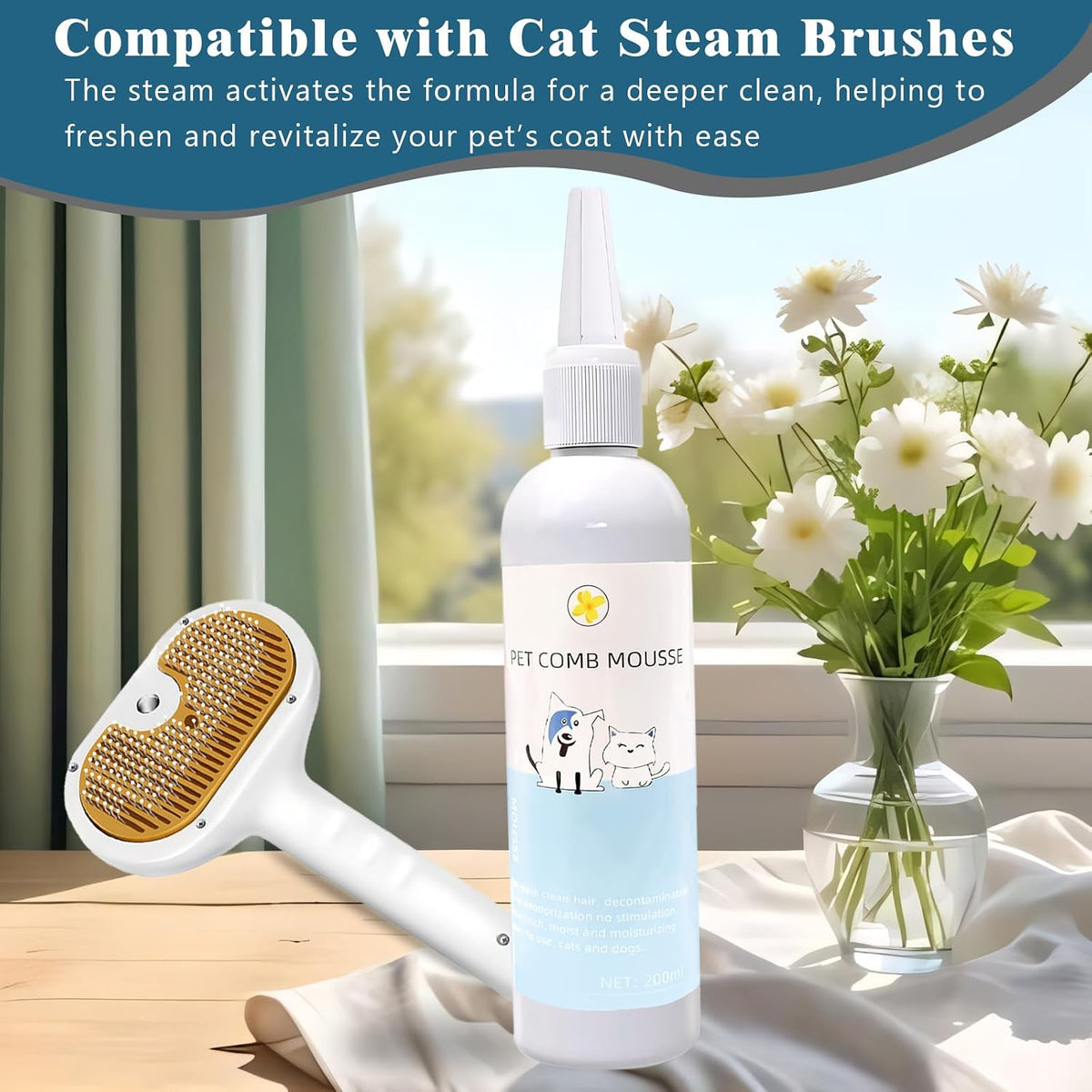 Pet Steam Brush for Dog & Cat Includes Waterless 2*Shampoo – Essentials for Cats - 7.8″-200ML - image 3