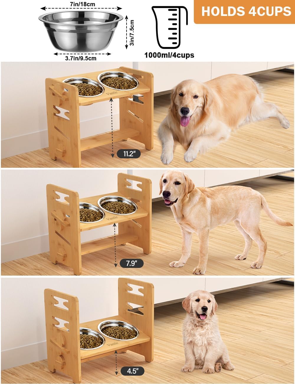 Elevated Dog Bowls, Raised Dog Bowl Stand Adjustable Small - Bamboo / Medium / Without Mat - image 2