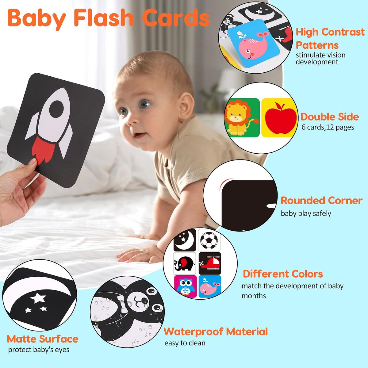 Black and White Baby Toys Tummy Time Mirror High Contrast Book Flash - image 3