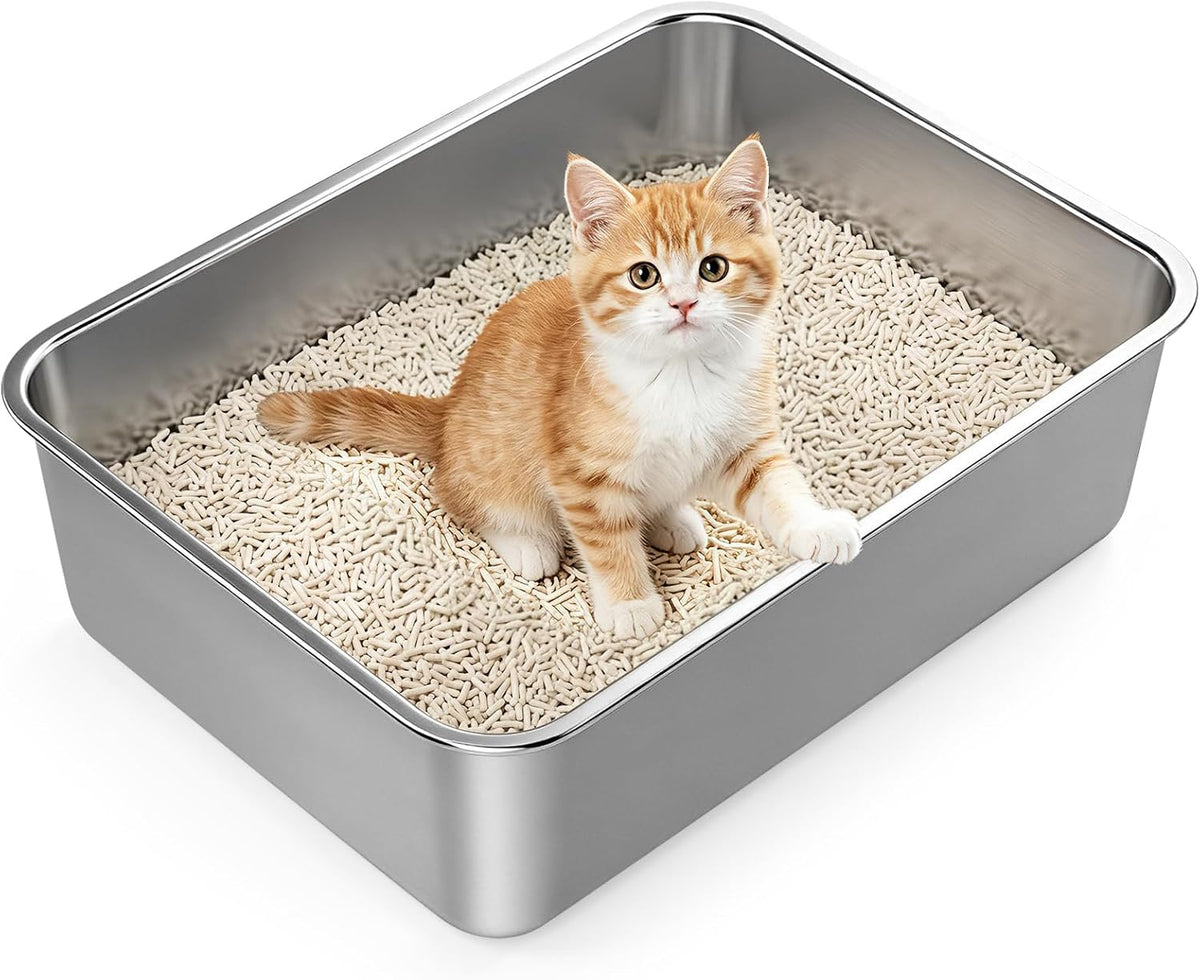 Stainless Steel Litter Box with Scoop, Small Metal Pan for Cats - silver