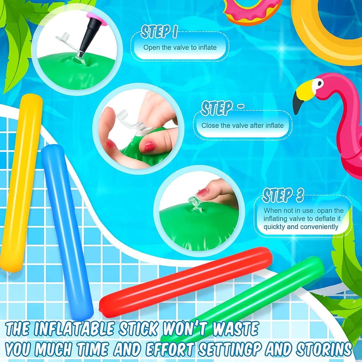 Deekin four inflatable PVC pool noodles in red, yellow, blue and green - view 4
