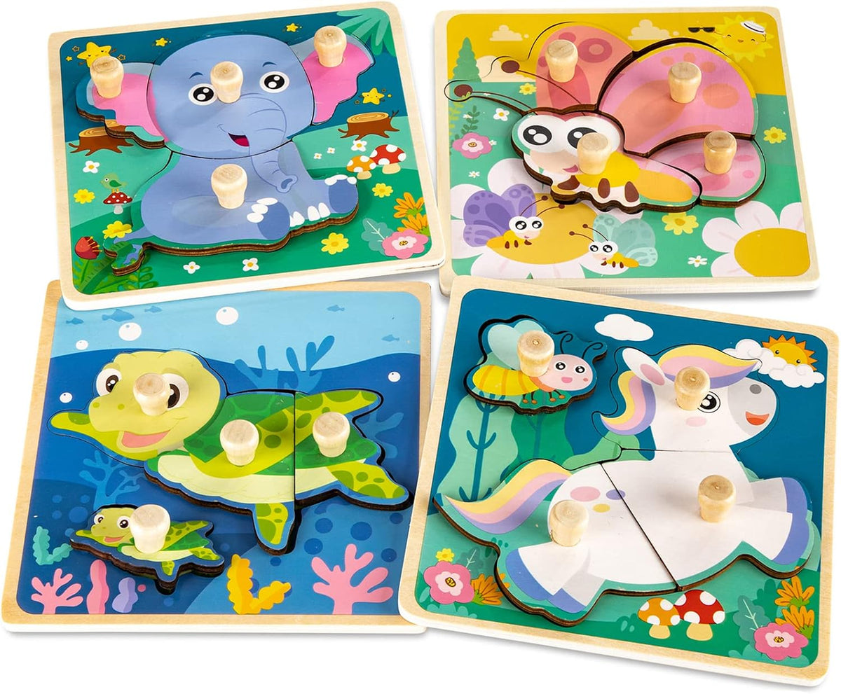 Wooden Toddler Puzzles - 4 Pcs Eco-Friendly Animal Patterns Jigsaw With Handles - Infant Kid Fine - Style B