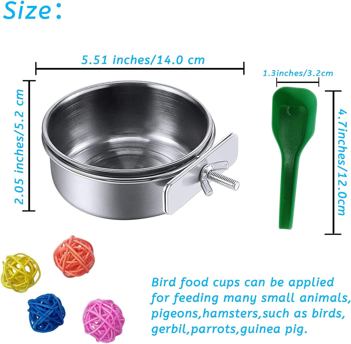 Parrot Feeding Dish Cups,Stainless Steel Bird Food Water Bowl Parakeet Feeder Birds Cage Ball Toys - 【2 PCS】 / 【L:5.5x2.0 Inches】 - image 4
