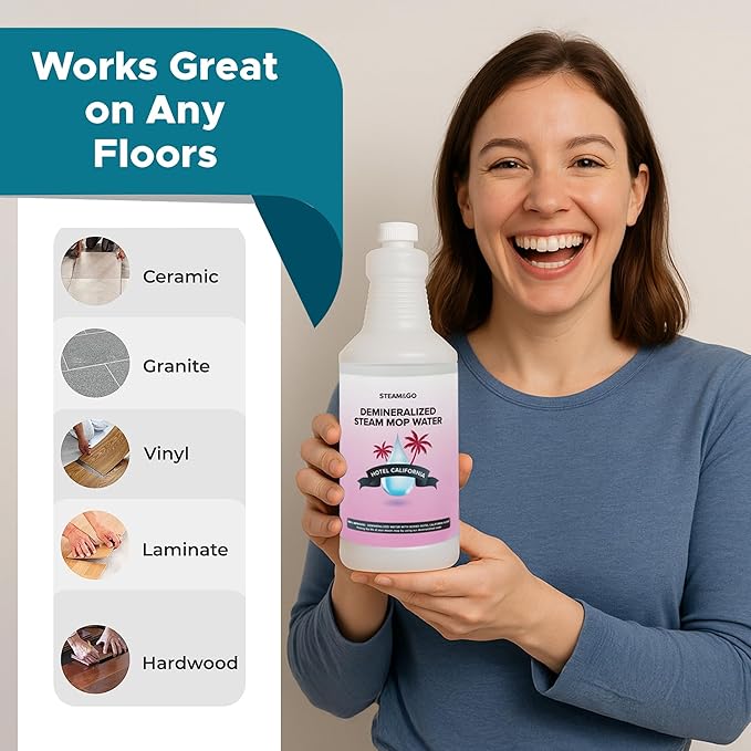 Steam & Go Deminerilized Water - Multi-Surface Cleaner for Steam Cleaners, Hardwood Floors, Kitchens, & Bathrooms - Germ-Killing Formula - Hotel California Scent - 32 Ounces (Pack of 18)