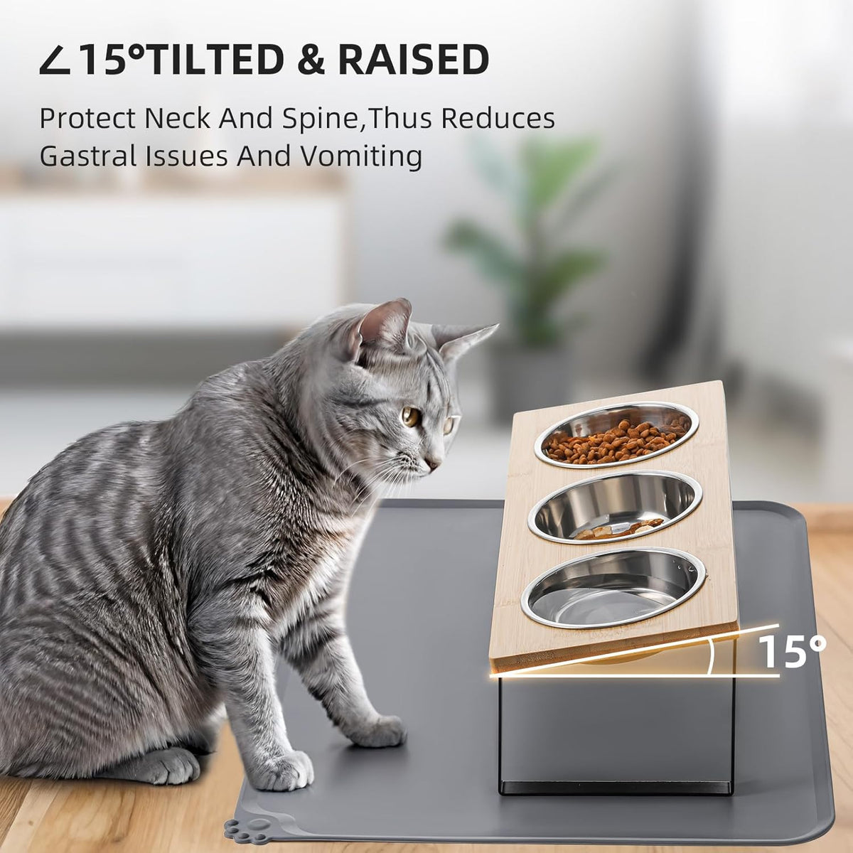 Upgraded Elevated Cat Bowls with Food Mat - Bamboo-3Bowls - image 3