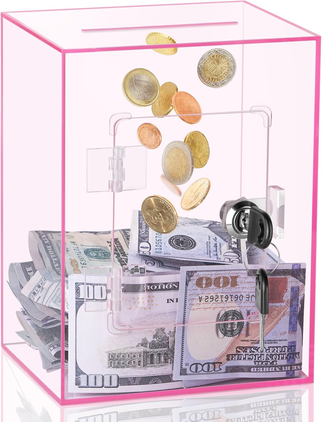 Clear Pink Piggy Bank with Lock & Key for Adults - Pink