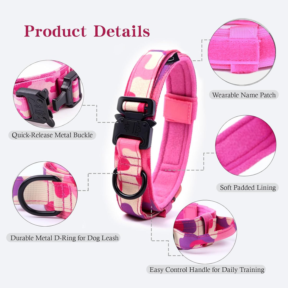 Tactical Dog Collar Adjustable Military Nylon Dog Collar with Control - Large (Pack of 1) / Pink Camo - image 4