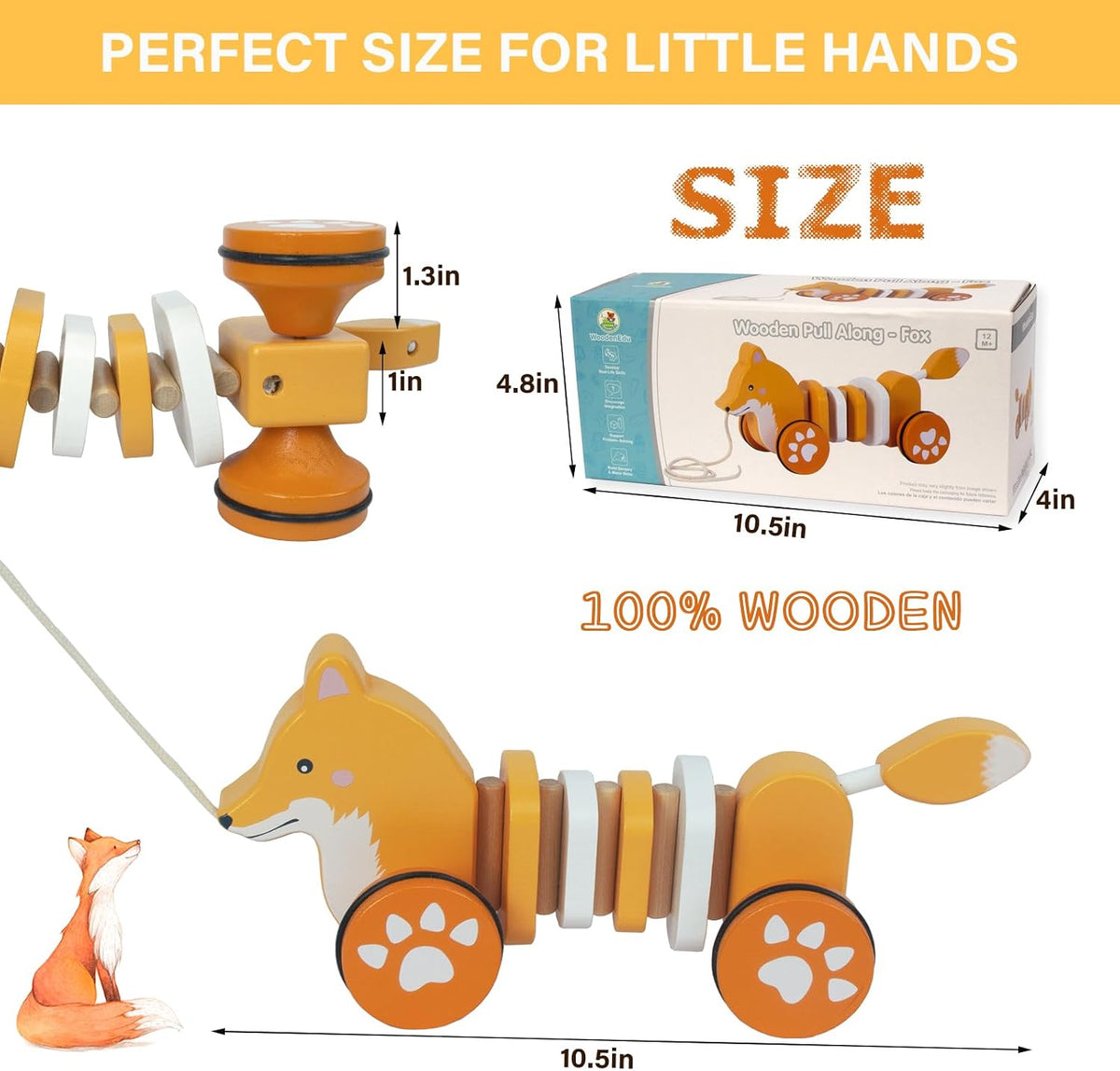Baby Toys Car,Wooden Pull Along Toy for Toddlers 1 2 3 Year Olds – Fun for Kids & Family - Fox - image 3