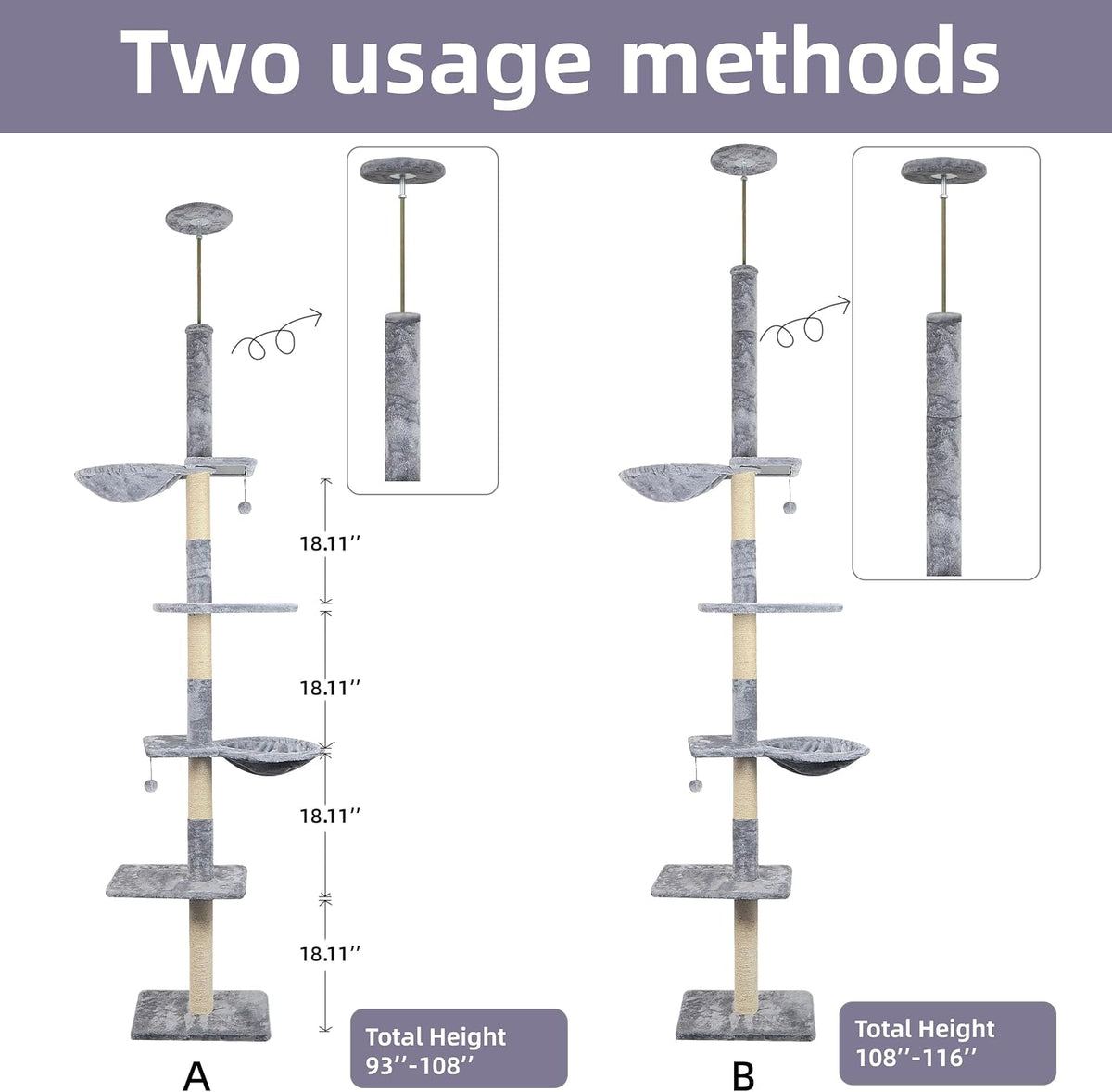 Adjustable 93"-116" Tall Cat Climbing Tree 5-Tier Kitty Activity - Tall / Grey 1 - image 3