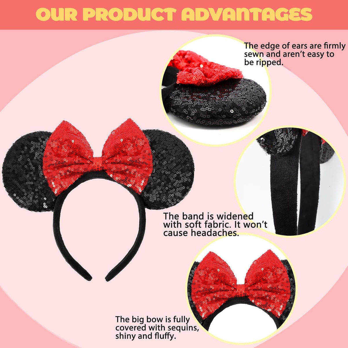 ETLUK Mouse Ears Headband - Red Bow - image 4