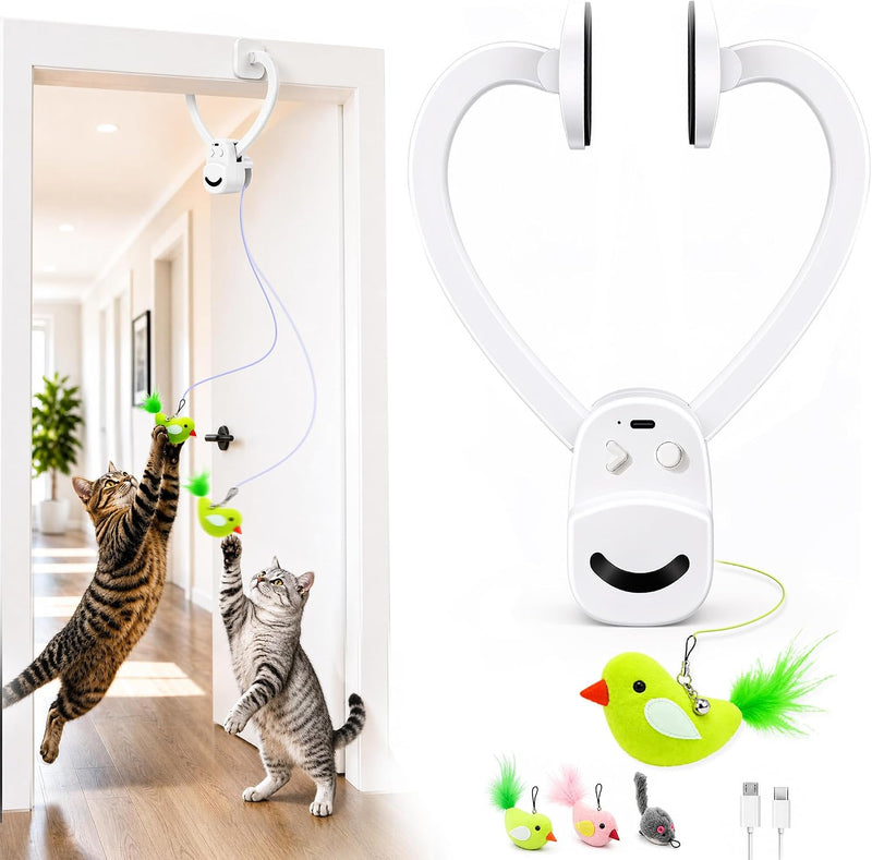 Interactive Doorway Cat Toy, No-Adhesive Clip-On for Indoor Cats – Essentials for Cats - White