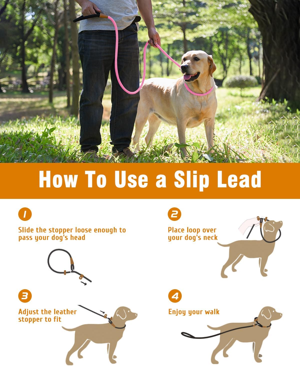 Dog Leash Slip Lead Braided Rope Pet Training Loop Leashes 5ft 6ft 8ft – Essentials for Dogs - Pink / Slip Lead-1/2in x 5ft Large - image 4