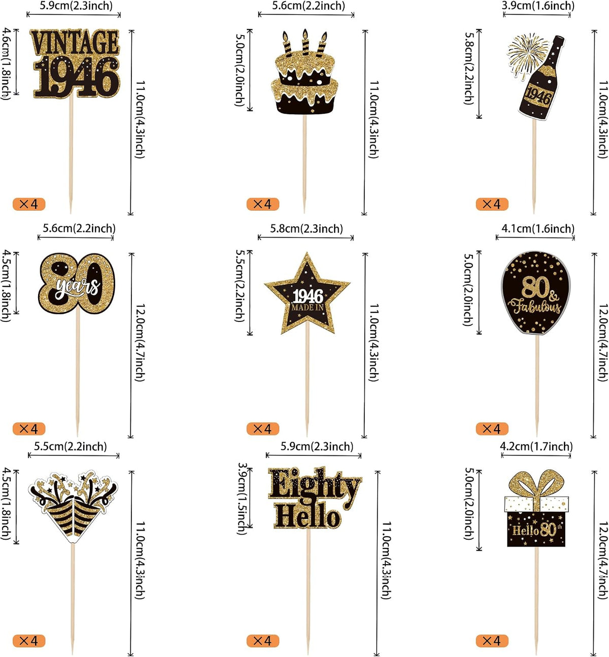 36PCS Happy 80th Birthday Cupcake Toppers Double Sided Black Gold - Vintage / 80th - image 2