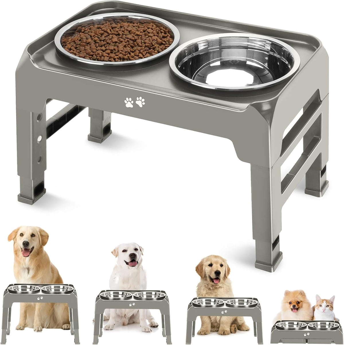 Elevated Bowls, 4 Height Adjustable Raised Stand With 2 Thick 50oz Stainless Steel Food Bowls - Light Brownish Gray / 8" for Medium Dogs