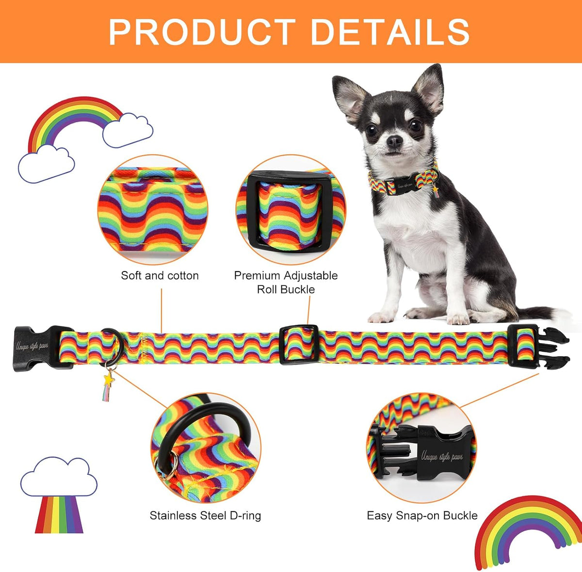 Dog Collar With Metal Buckle, Red Rose Flower Gift for Small - Wave Rainbow / XS - image 2