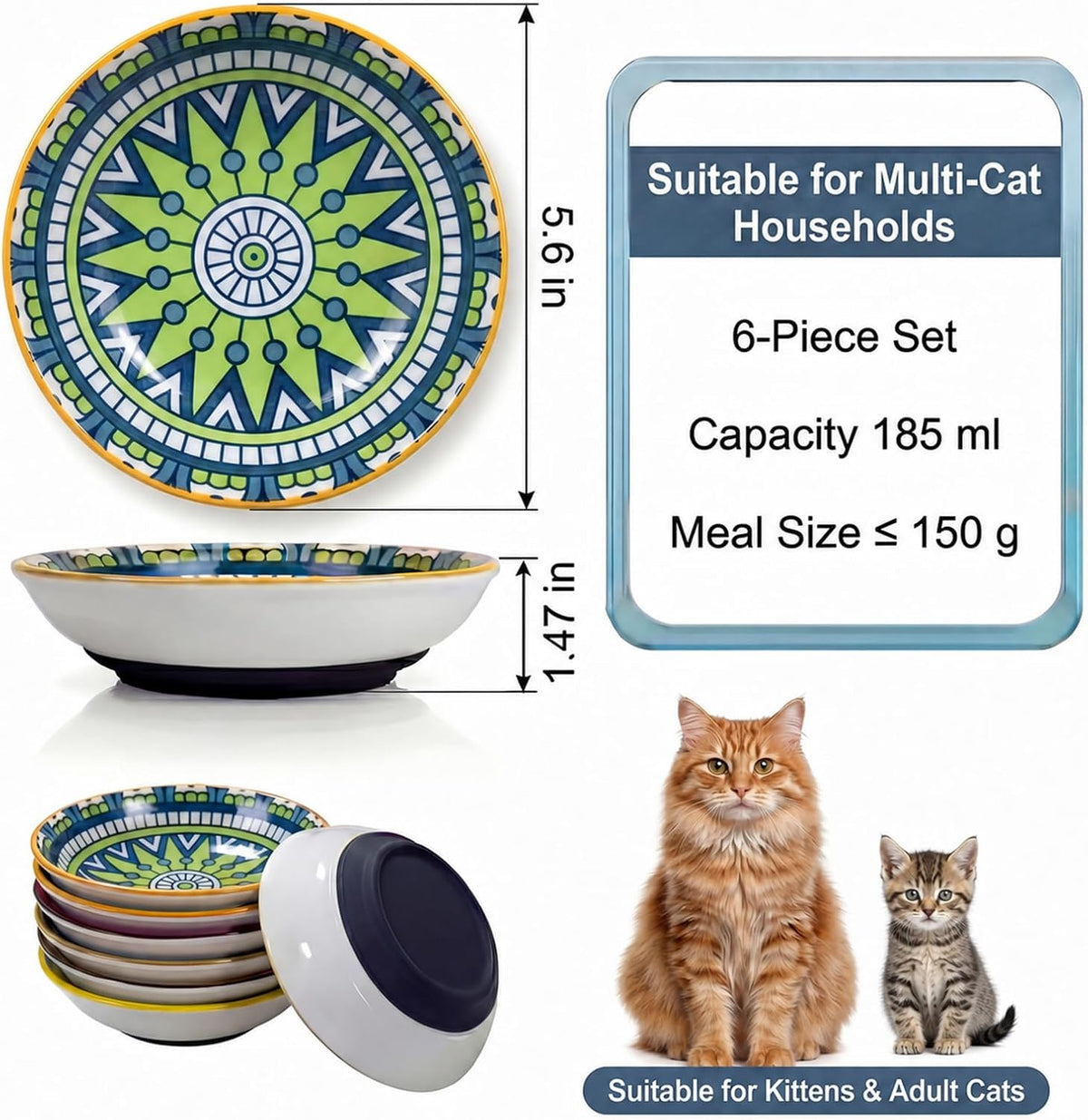 Ceramic Cat Food Bowls 6 Pack - Floral 1 - Pads Attached - image 2