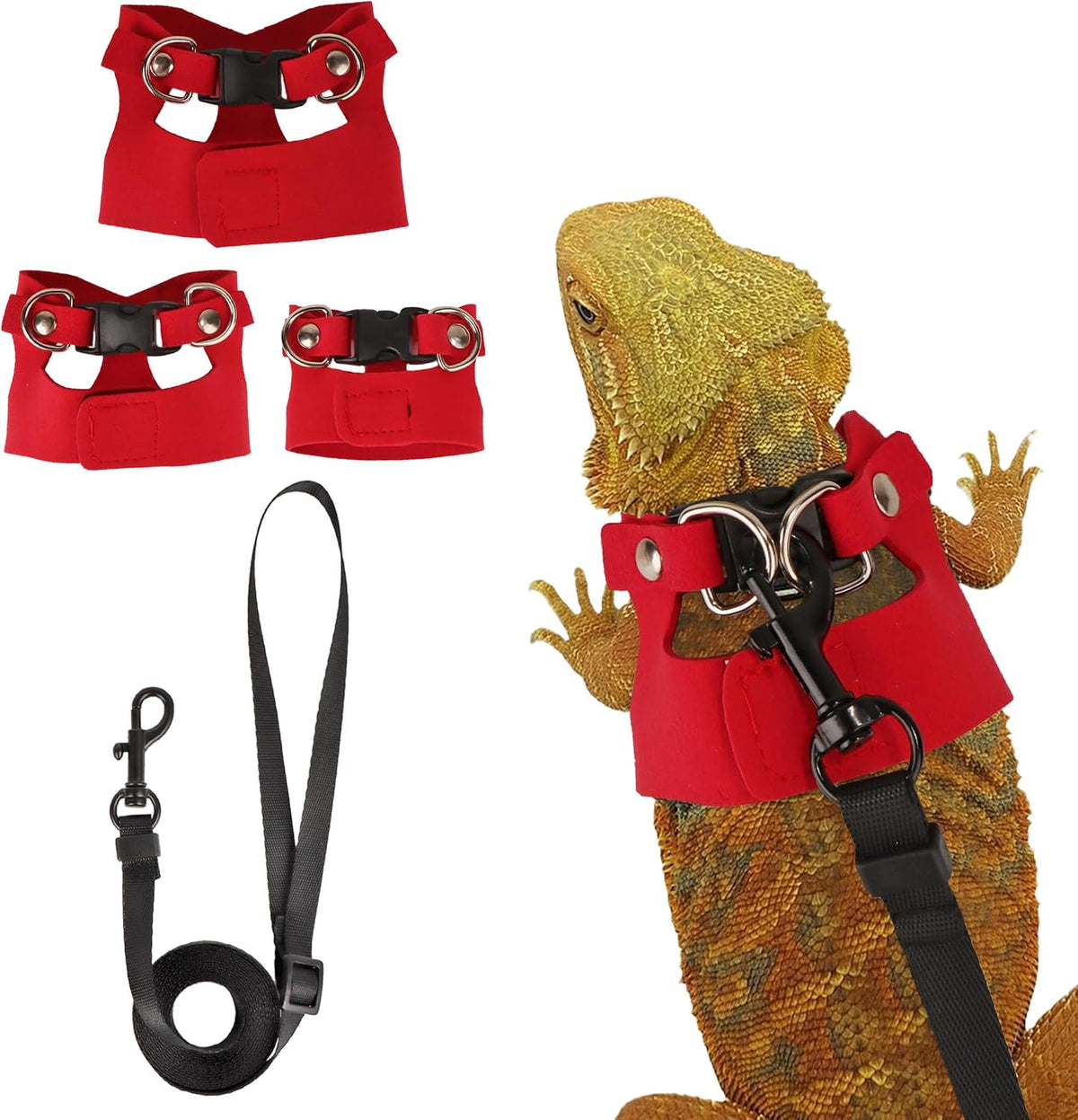 Bearded Dragon Harness Leash Set, 3 Size Lizard Harness - Red