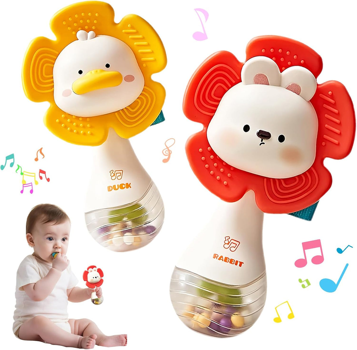 2 PCS Baby Rattles Teething Toys 3-6 Month - yellow and red