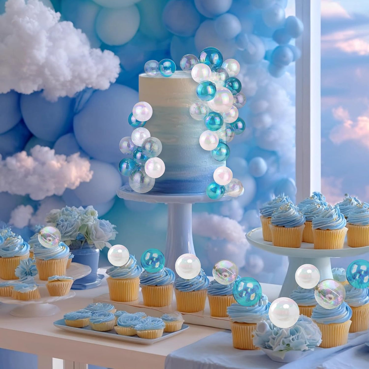32 PCS Colorful Ball Shaped Cake Topper Pearl Balls Cupcake Cake - White Clear Blue and Clear - image 4
