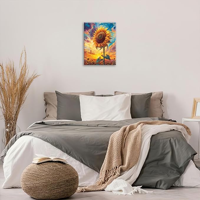 Sunflower Wall Art Canvas Yellow Floral Wall Decor Prints Framed Painting Pictures Gifts Artwork for Bathroom Bedroom Living Dining 12"x16"