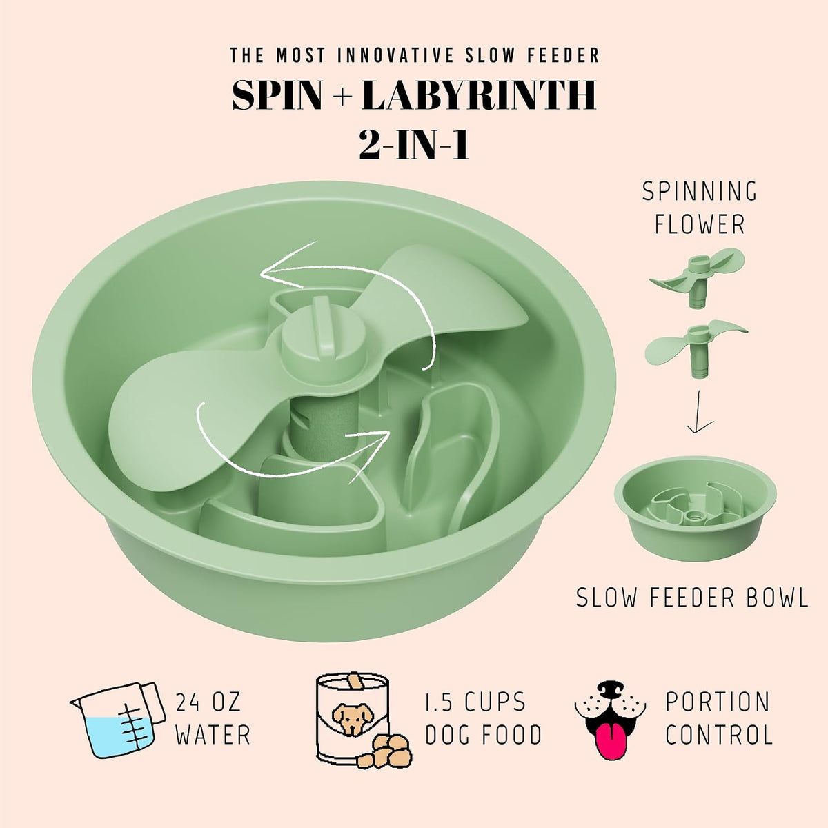 AVERYDAY Slow Feeder Dog Bowls for Large Breed - Petal Feeder Green / 1.5 Cup - Fit 6.4-6.7'' Feeder Holes - image 2