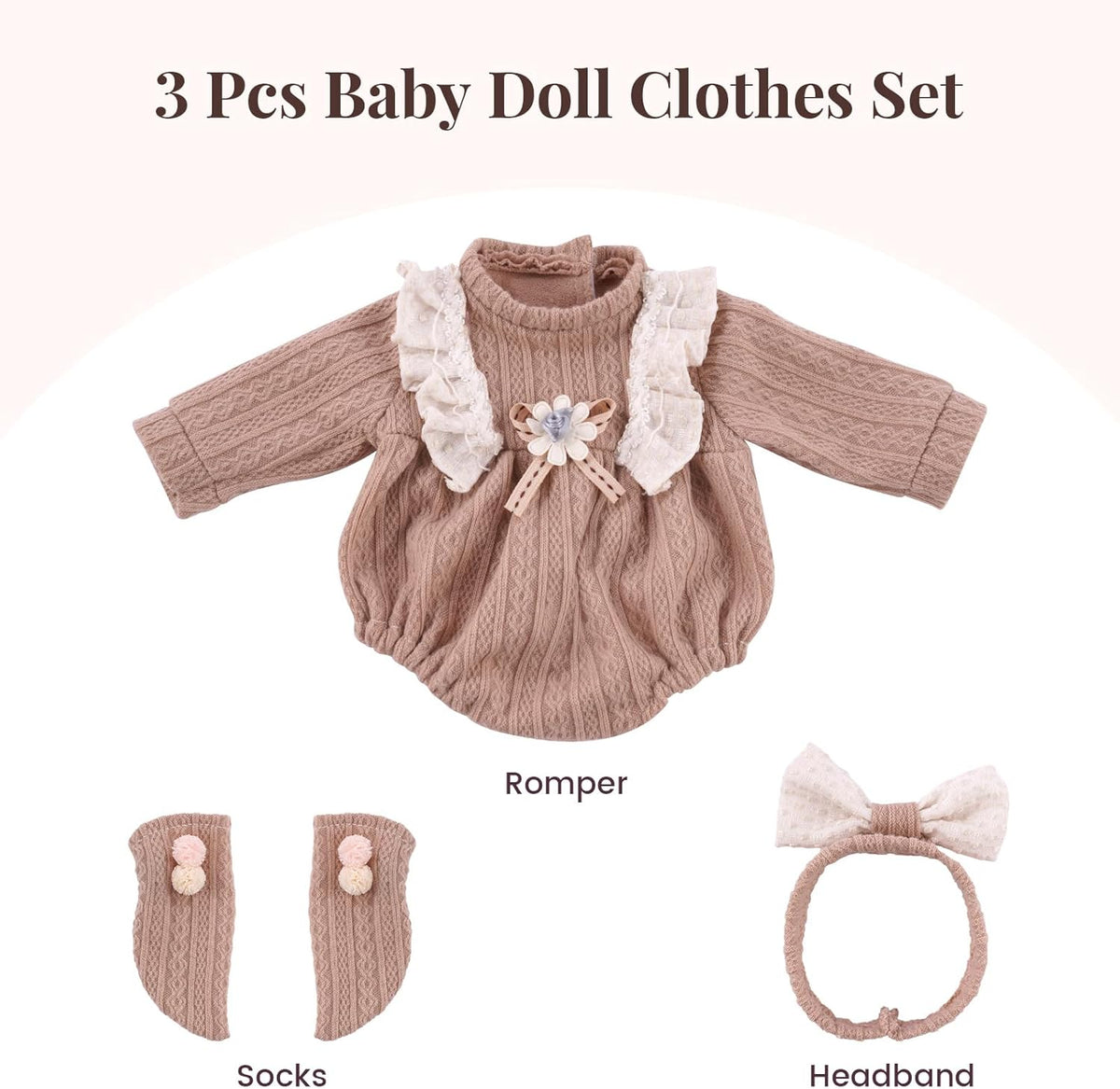 BABESIDE 3 piece baby doll clothes set, pink knit romper with headband and socks - view 8