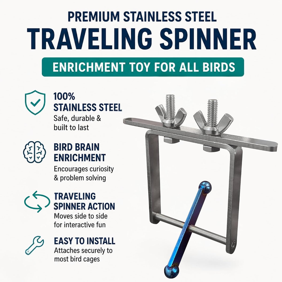 Bird Toys for Large Birds Stainless Steel Bird Toy with Traveling - Spinner - Blue Flamed - image 2