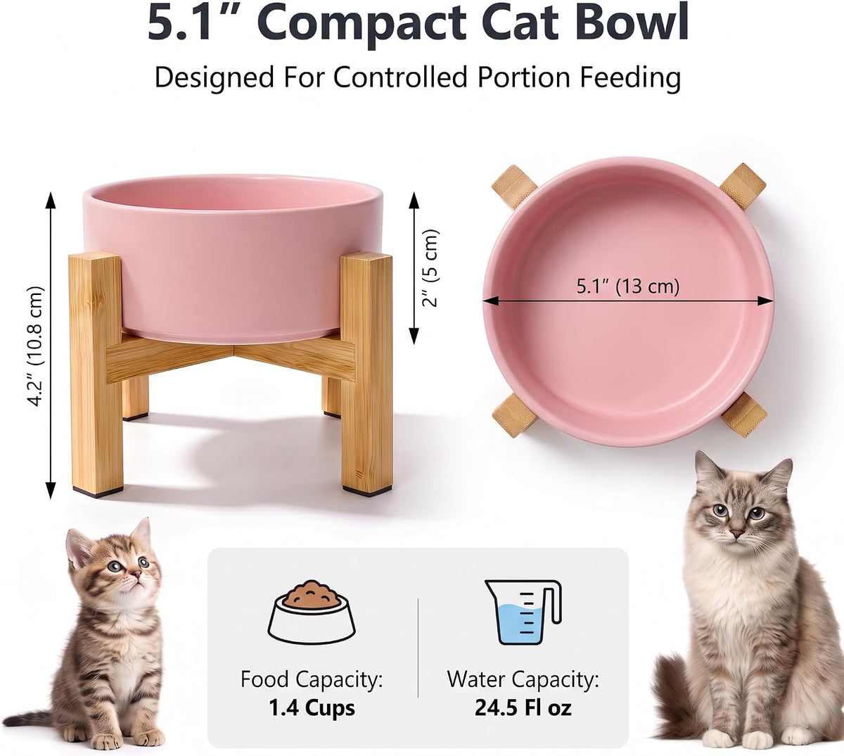 Elevated Cat Water Bowl, Ceramic Raised Cat Food Bowl with Adjustable Bamboo Stand, 5.1" Compact - Small / Pink - image 2