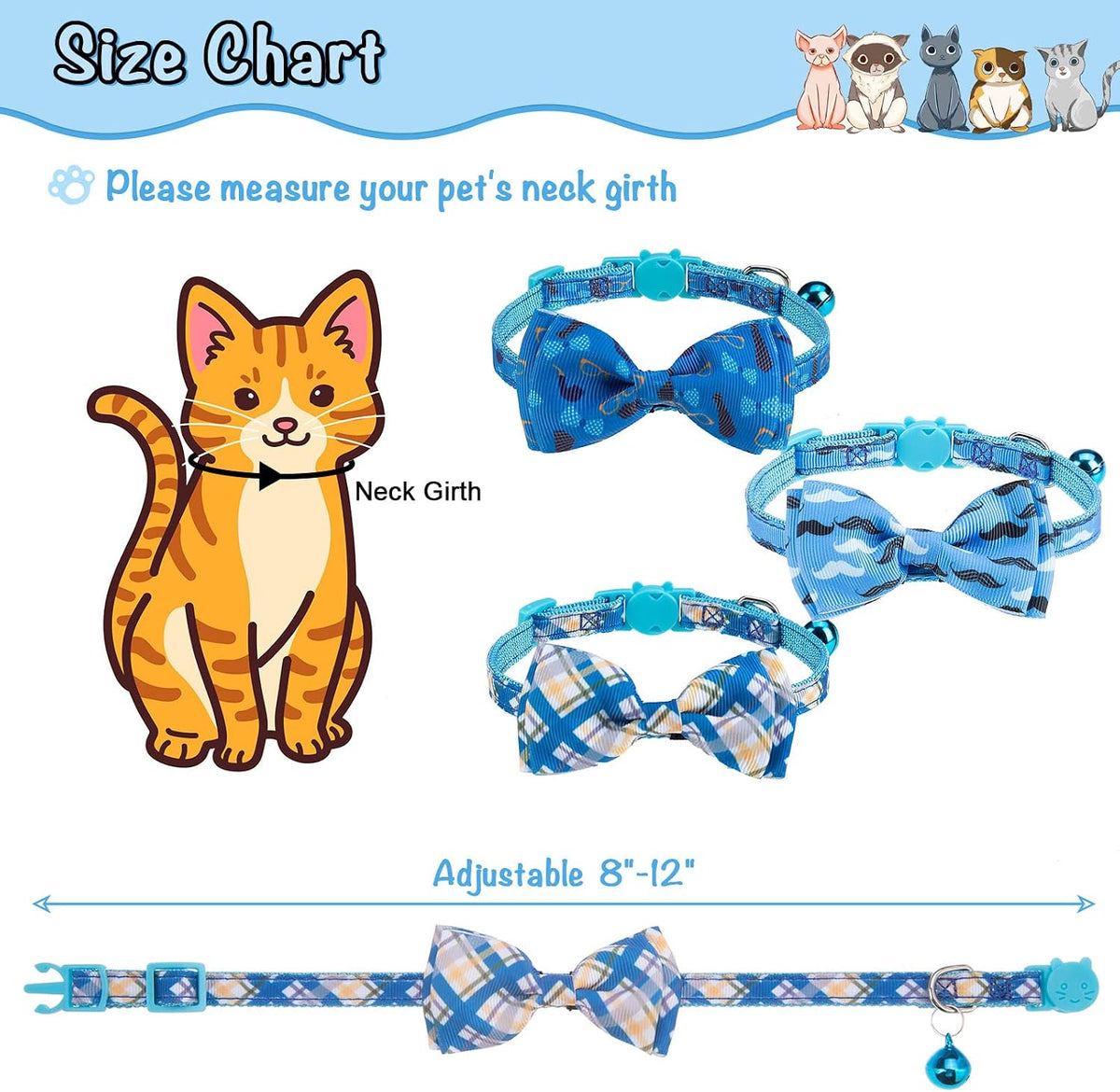 Breakaway cat collar 3-pack with removable bow tie and bell, patterned polyester - view 3