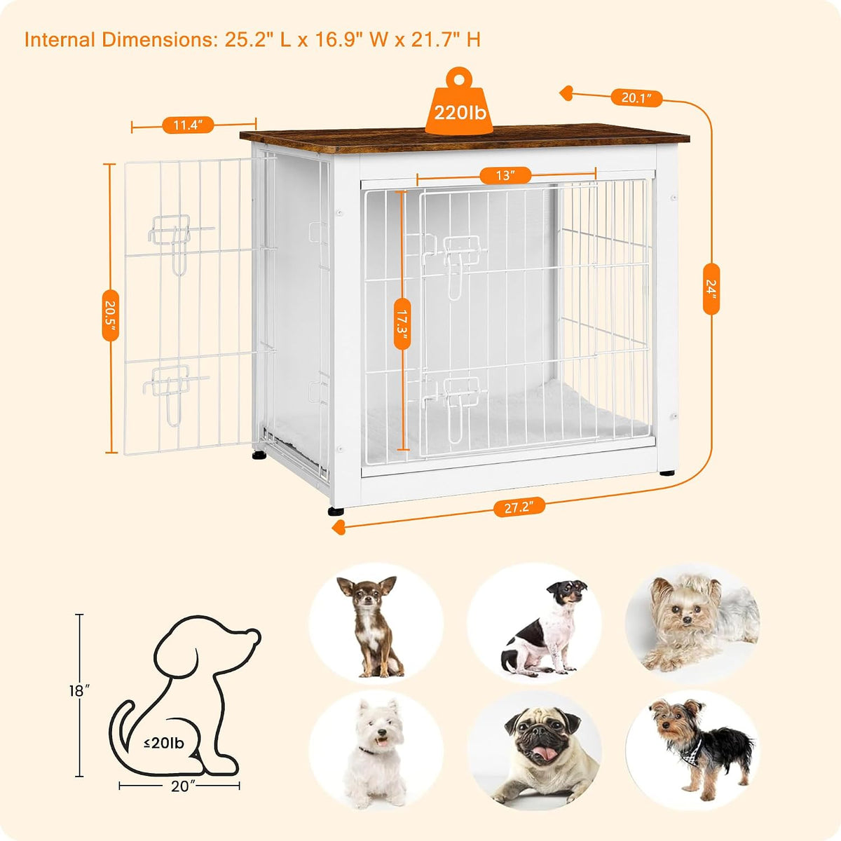 27" Dog Crate Furniture, Dog Kennel Indoor - White+Rustic Brown / 27.2"L x 20.1"W x 23.6"H - image 3