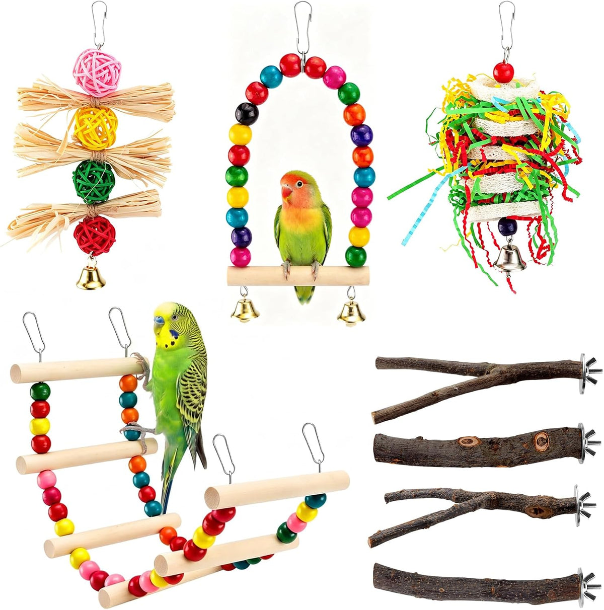 8-Piece Natural Wood Bird Perches for Budgie and Parakeet Cages – Essentials for Birds - brown / Bird Toys & Perches Set