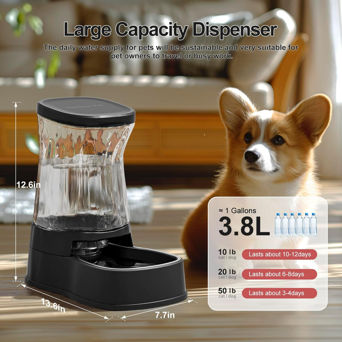 Automatic Dog Water Dispenser, Stainless Steel Bowls Feeder - Black / 1 Gallon - image 3