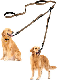 PetBonus Double Dog Leash, No Tangle Dual Leash, Reflective Walking Training Lead, 4 Comfortable Padded Handles for 2 Dogs with Collapsible Bowl and Waste Bags (Brown, Large)