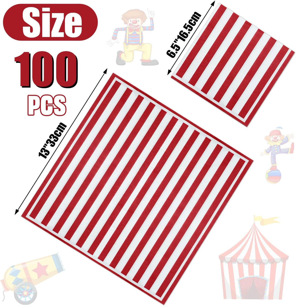 PIXHOTUL 100 pack red and white striped carnival paper napkins - view 35